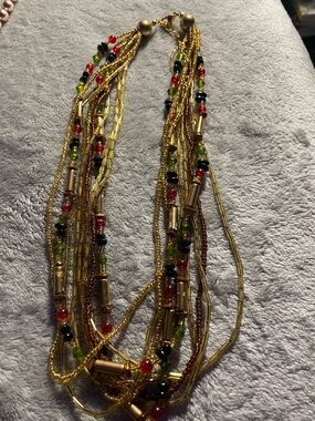Multi-Strand Gold Beaded Necklace with Red, Green and Black Accents